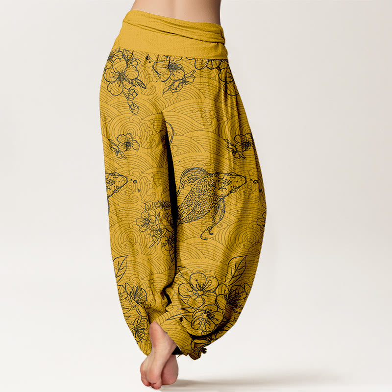 Buddha Stones Pure Cotton Exquisite Koi Fish Flowers Patterns Women's Elastic Waist Harem Pants - image 6