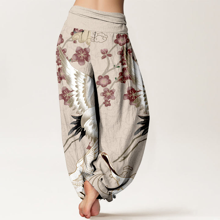 Buddha Stones Pure Cotton Cranes Flowers Clouds Patterns Women's Elastic Waist Harem Pants - image 6