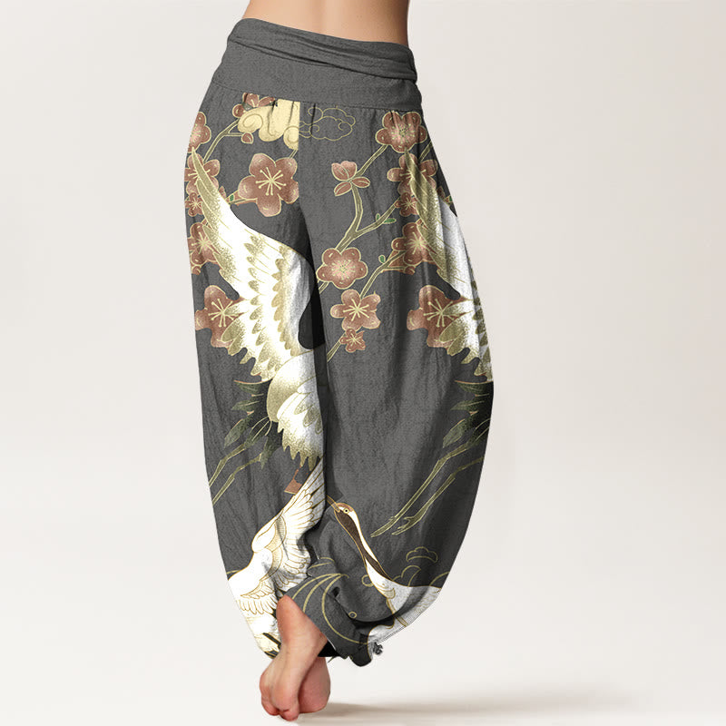 Buddha Stones Pure Cotton Cranes Flowers Clouds Patterns Women's Elastic Waist Harem Pants - image 9