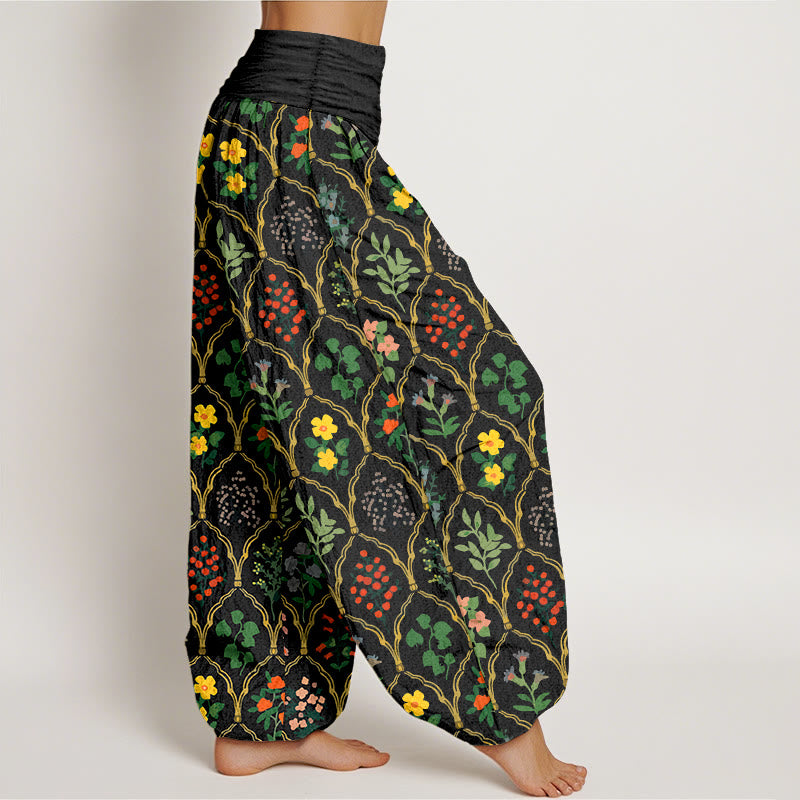 Buddha Stones Pure Cotton Brilliant Flowers Berries Leaves Pattern Women's Elastic Waist Harem Pants - image 2