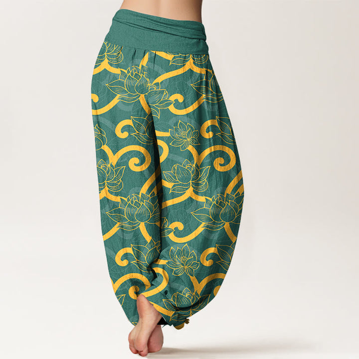 Buddha Stones Pure Cotton Elegant Gorgeous Lotus Scroll Pattern Women's Elastic Waist Harem Pants - image 1