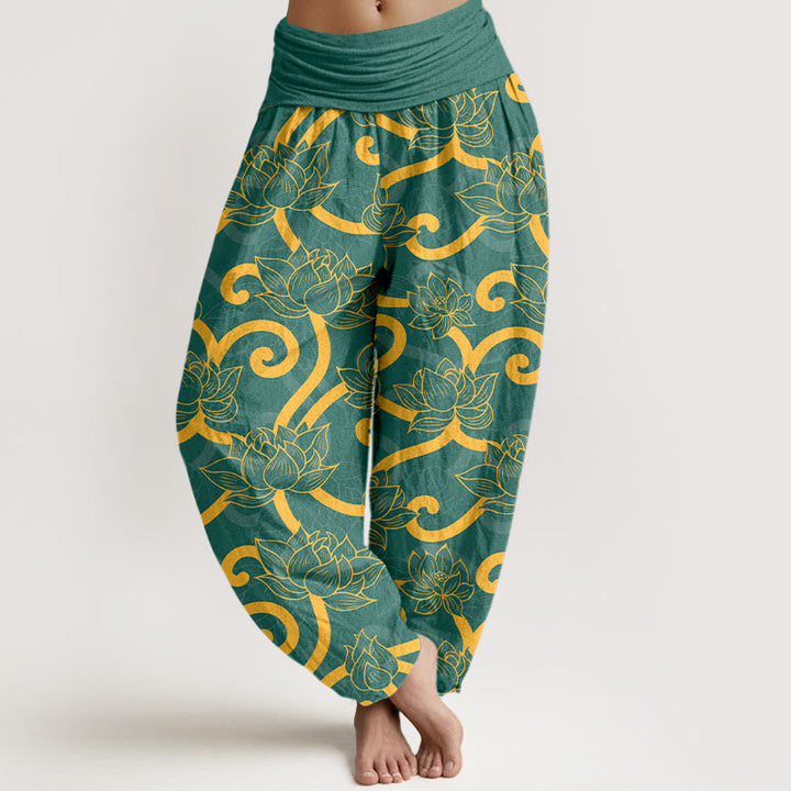 Buddha Stones Pure Cotton Elegant Gorgeous Lotus Scroll Pattern Women's Elastic Waist Harem Pants - Green - US16，UK/AU20，EU48 (3XL) - image 0
