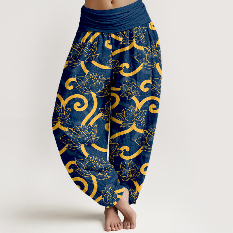 Buddha Stones Pure Cotton Elegant Gorgeous Lotus Scroll Pattern Women's Elastic Waist Harem Pants - Blue - US16，UK/AU20，EU48 (3XL) - image 8