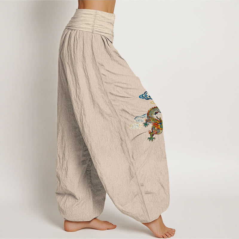 Buddha Stones Pure Cotton Colorful Dragon Cloud Pattern Women's Elastic Waist Harem Pants - image 13
