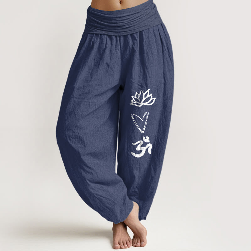Buddha Stones Pure Cotton Lotus Heart Shape Om Symbol Pattern Women's Elastic Waist Harem Pants - DarkSlateBlue - US16，UK/AU20，EU48 (3XL) - image 0