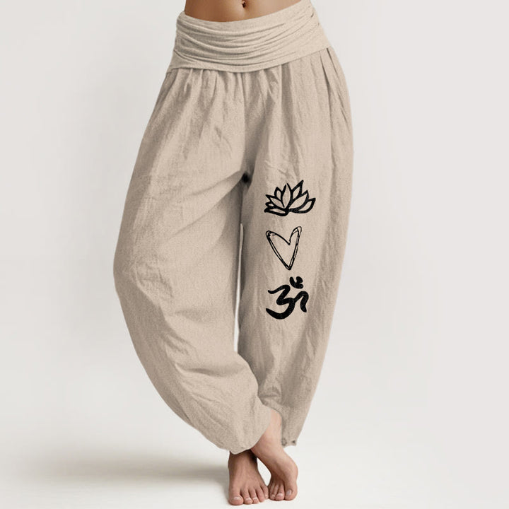 Buddha Stones Pure Cotton Lotus Heart Shape Om Symbol Pattern Women's Elastic Waist Harem Pants - Tan - US16，UK/AU20，EU48 (3XL) - image 11