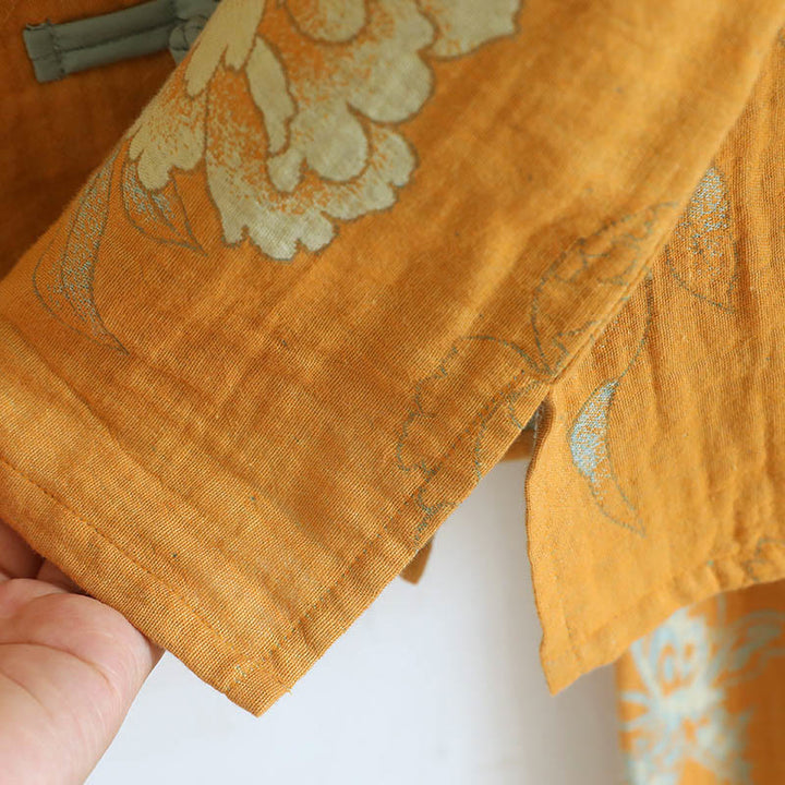 Buddha Stones 2pcs Frog-Button Printed Long Sleeve Cardigan Shirt Pants With Pockets Cotton Set  - image 12