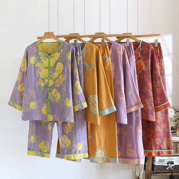 Buddha Stones 2pcs Frog-Button Printed Long Sleeve Cardigan Shirt Pants With Pockets Cotton Set  - image 25