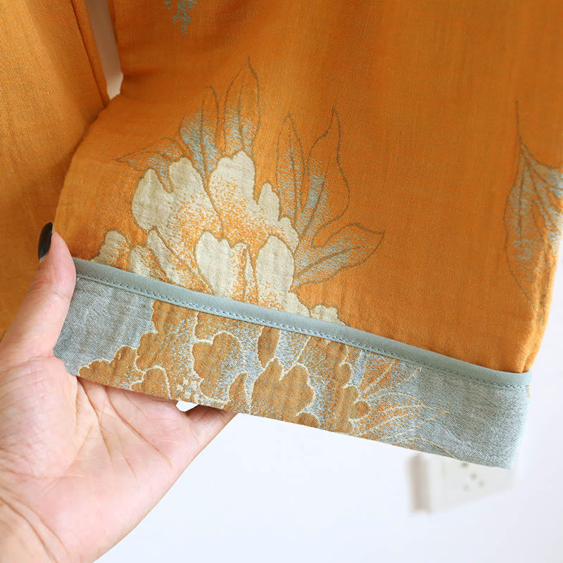 Buddha Stones 2pcs Frog-Button Printed Long Sleeve Cardigan Shirt Pants With Pockets Cotton Set  - image 17