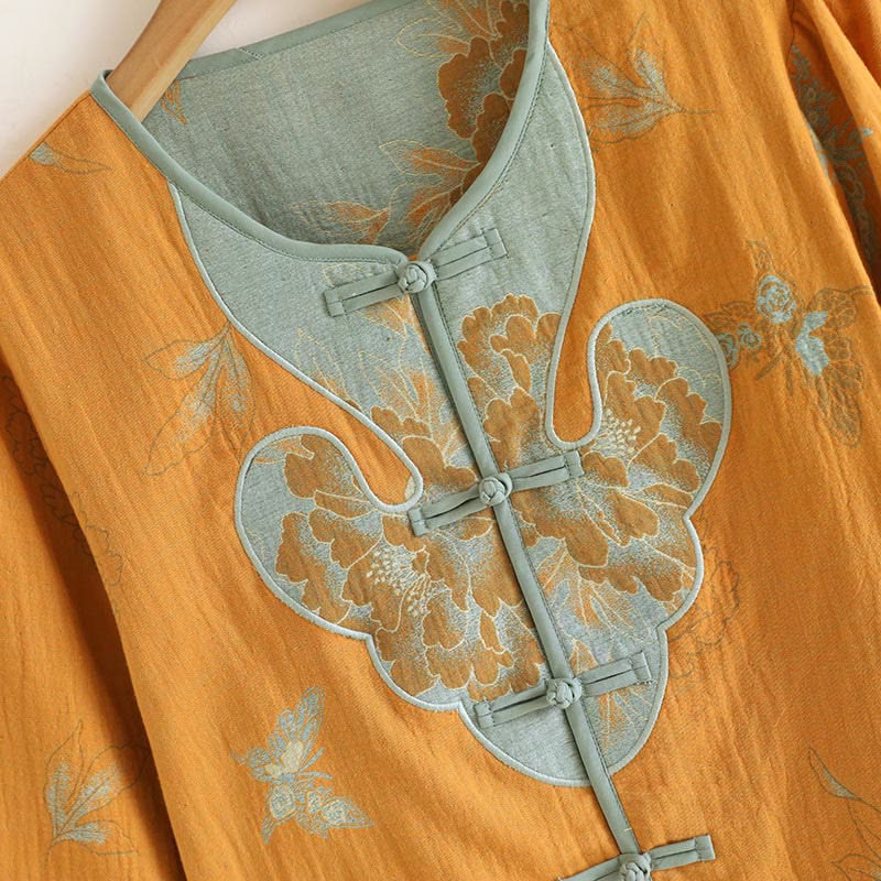 Buddha Stones 2pcs Frog-Button Printed Long Sleeve Cardigan Shirt Pants With Pockets Cotton Set  - image 3