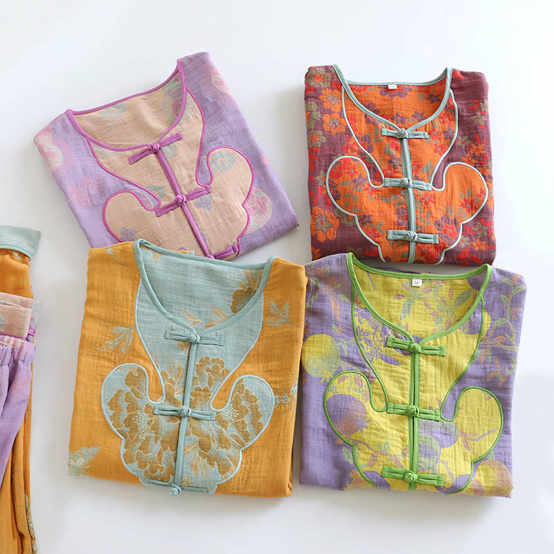 Buddha Stones 2pcs Frog-Button Printed Long Sleeve Cardigan Shirt Pants With Pockets Cotton Set  - image 23