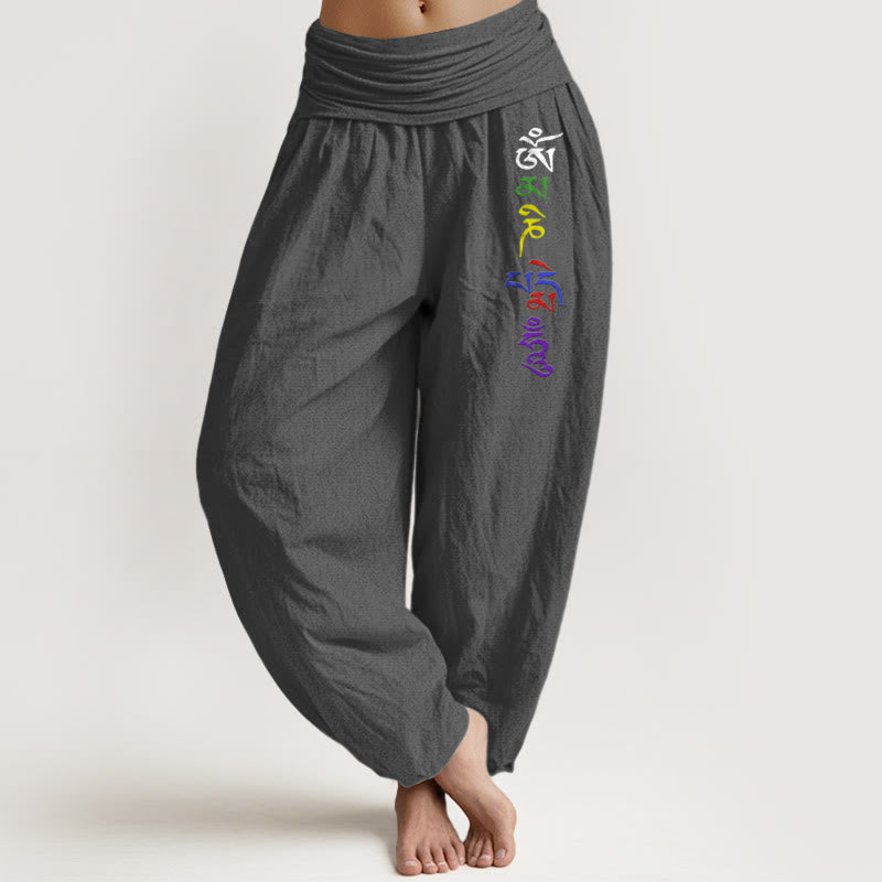 Buddha Stones Pure Cotton Om Symbol Tibetan Script Pattern Women's Elastic Waist Harem Pants - DimGray - US16，UK/AU20，EU48 (3XL) - image 8