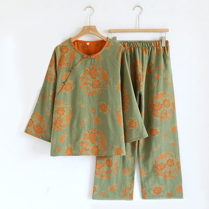 Buddha Stones 2pcs FLoral Pattern Long Sleeve Crew Neck Button Shirt Pants With Pockets Cotton Set  - DarkSeaGreen Floral - US6，UK/AU10，EU38 (XL) - image 0