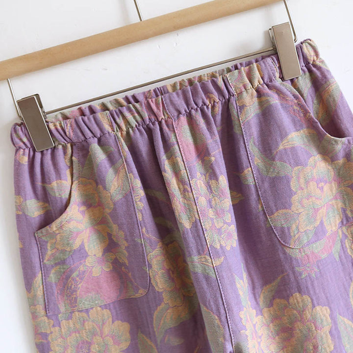 Buddha Stones 2pcs FLoral Pattern Long Sleeve Crew Neck Button Shirt Pants With Pockets Cotton Set  - image 19