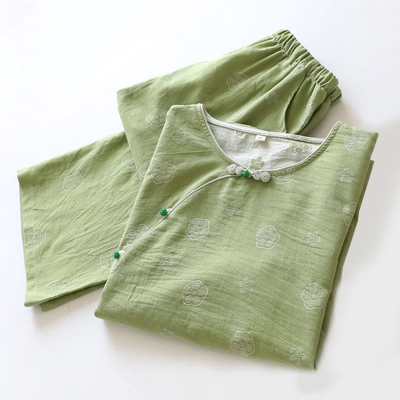 Buddha Stones 2pcs FLoral Pattern Long Sleeve Crew Neck Button Shirt Pants With Pockets Cotton Set  - image 5