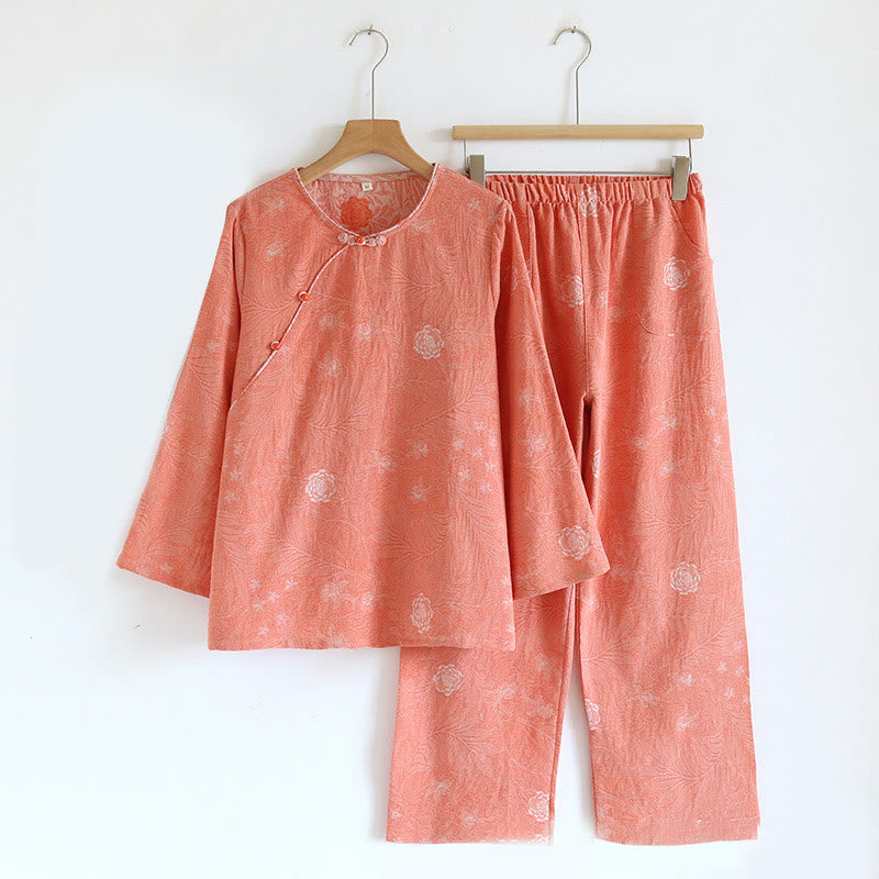 Buddha Stones 2pcs FLoral Pattern Long Sleeve Crew Neck Button Shirt Pants With Pockets Cotton Set  - Coral Rose - US6，UK/AU10，EU38 (XL) - image 25
