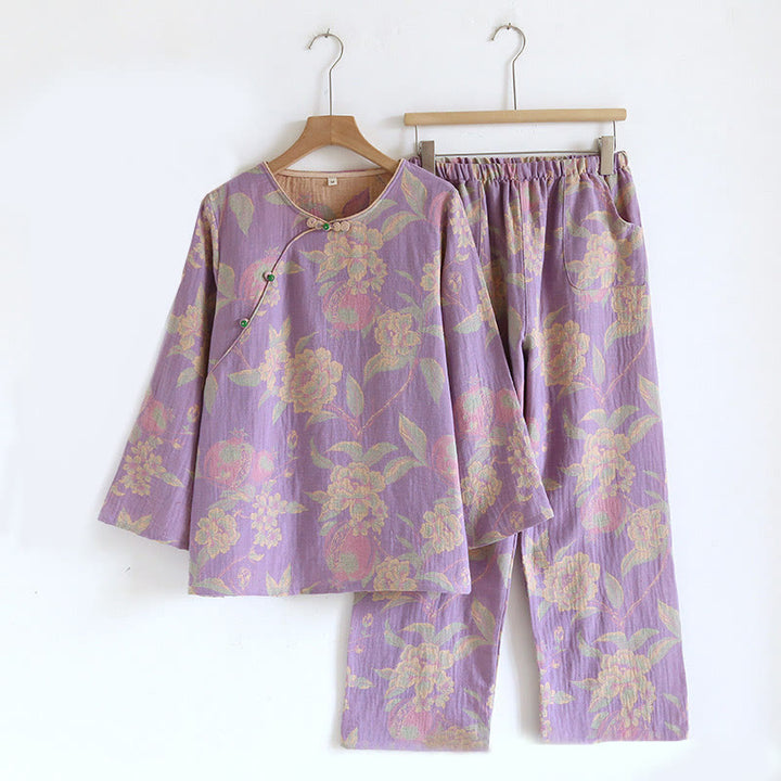 Buddha Stones 2pcs FLoral Pattern Long Sleeve Crew Neck Button Shirt Pants With Pockets Cotton Set  - Orchid Peony - US6，UK/AU10，EU38 (XL) - image 6