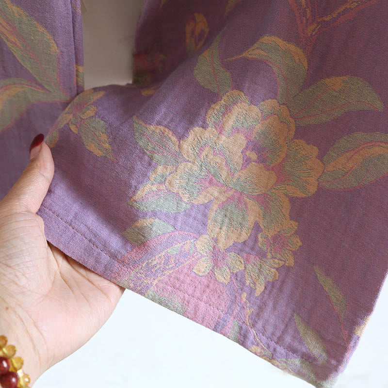 Buddha Stones 2pcs FLoral Pattern Long Sleeve Crew Neck Button Shirt Pants With Pockets Cotton Set  - image 18