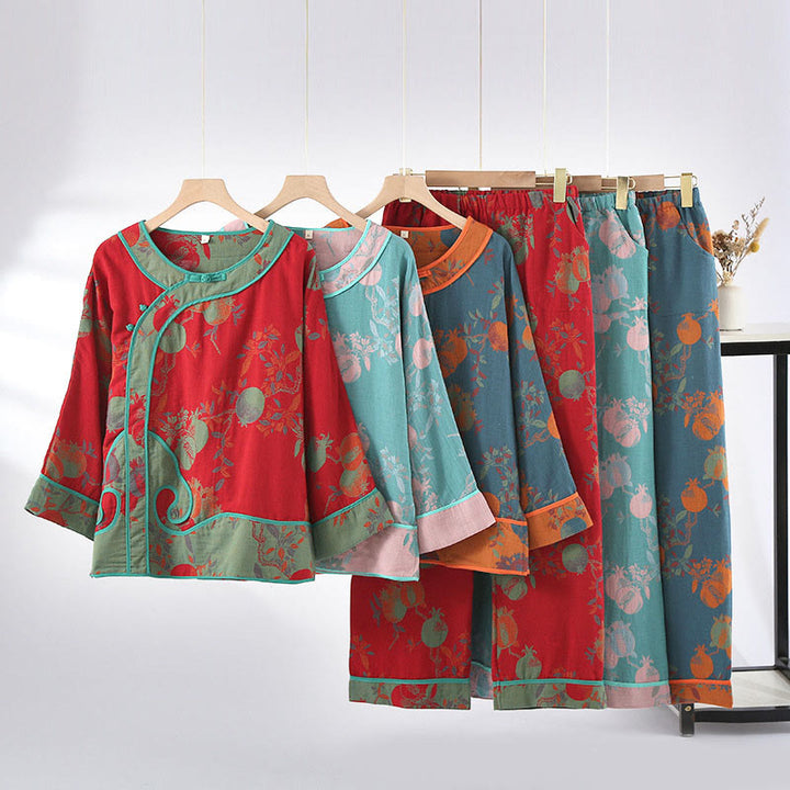 Buddha Stones 2pcs Patchwork Long Sleeve Frog-Button Shirt Pants With Pockets Pure Cotton Set  - image 15