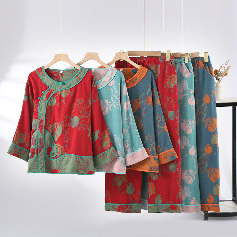 Buddha Stones 2pcs Patchwork Long Sleeve Frog-Button Shirt Pants With Pockets Pure Cotton Set  - image 15