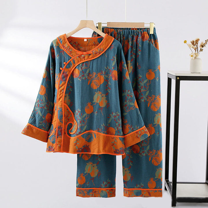 Buddha Stones 2pcs Patchwork Long Sleeve Frog-Button Shirt Pants With Pockets Pure Cotton Set  - SteelBlue Fruit Pattern - US6，UK/AU10，EU38 (XL) - image 3