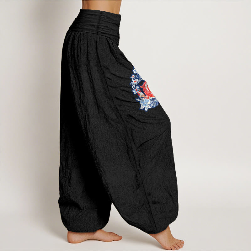 Buddha Stones Pure Cotton Striking Koi Fish Flower Pattern Women's Elastic Waist Harem Pants - image 7