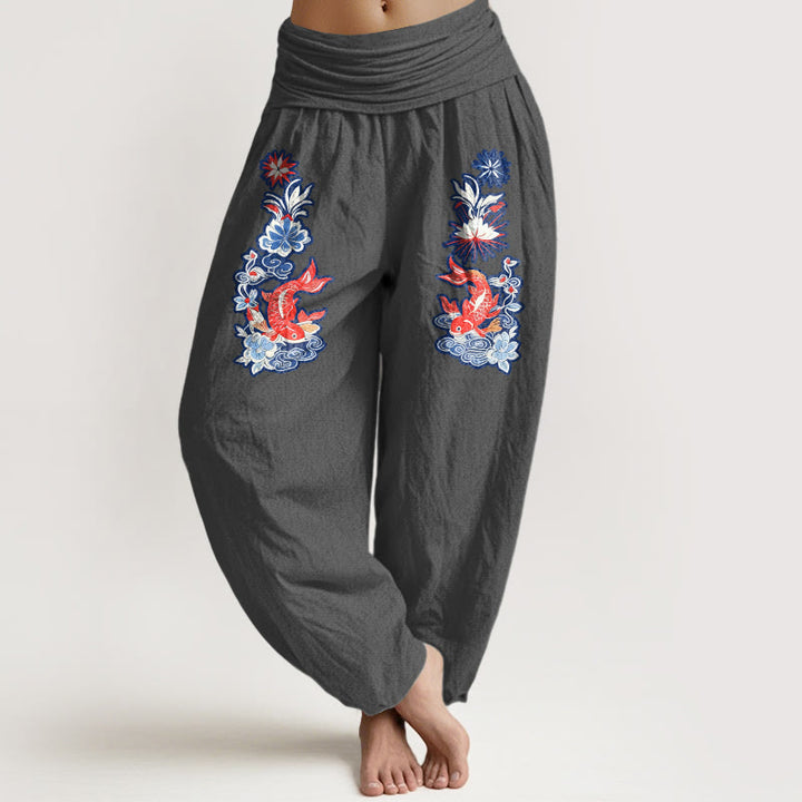 Buddha Stones Pure Cotton Striking Koi Fish Flower Pattern Women's Elastic Waist Harem Pants - DimGray - US16，UK/AU20，EU48 (3XL) - image 11