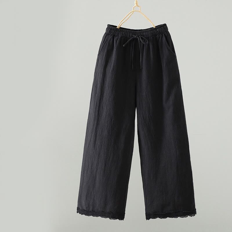 Buddha Stones Women's Pure Color Lace Patchwork Drawstring Thermal Cotton Pants With Pockets - Black - US8-10，UK/AU12-14，EU40-42 (2XL) - image 9