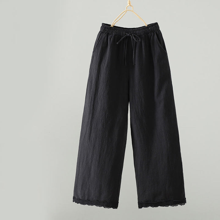 Buddha Stones Women's Pure Color Lace Patchwork Drawstring Thermal Cotton Pants With Pockets - Black - US8-10，UK/AU12-14，EU40-42 (2XL) - image 9