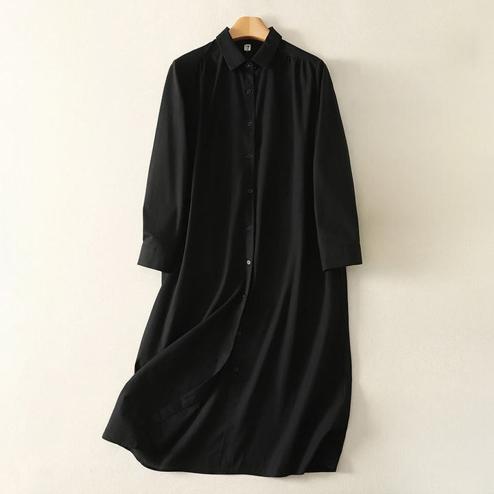 Buddha Stones Fall Solid Color Lapel Buttons Long Sleeve Cotton Midi Dress With Pockets - Black - US12，UK/AU16，EU44 (2XL) - image 21