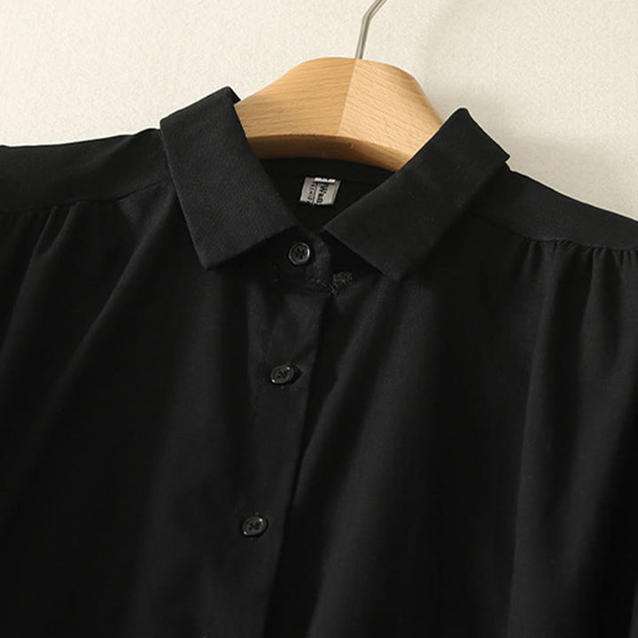 Buddha Stones Fall Solid Color Lapel Buttons Long Sleeve Cotton Midi Dress With Pockets - image 22