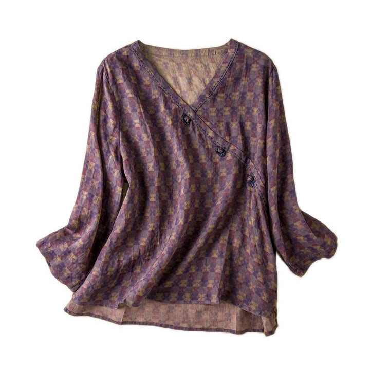Buddha Stones Spring V-Neck Printed Floral Pattern Women's Long Sleeve Shirt - image 6