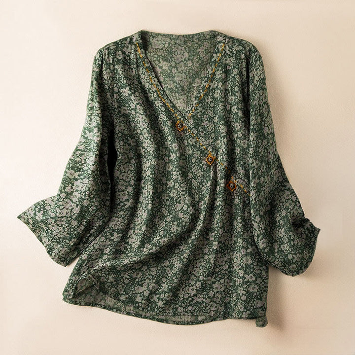 Buddha Stones Spring V-Neck Printed Floral Pattern Women's Long Sleeve Shirt - SeaGreen - US8-10，UK/AU12-14，EU40-42 (2XL) - image 7
