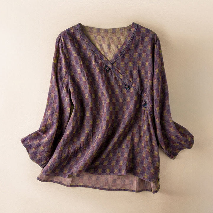 Buddha Stones Spring V-Neck Printed Floral Pattern Women's Long Sleeve Shirt - DarkMagenta - US8-10，UK/AU12-14，EU40-42 (2XL) - image 0