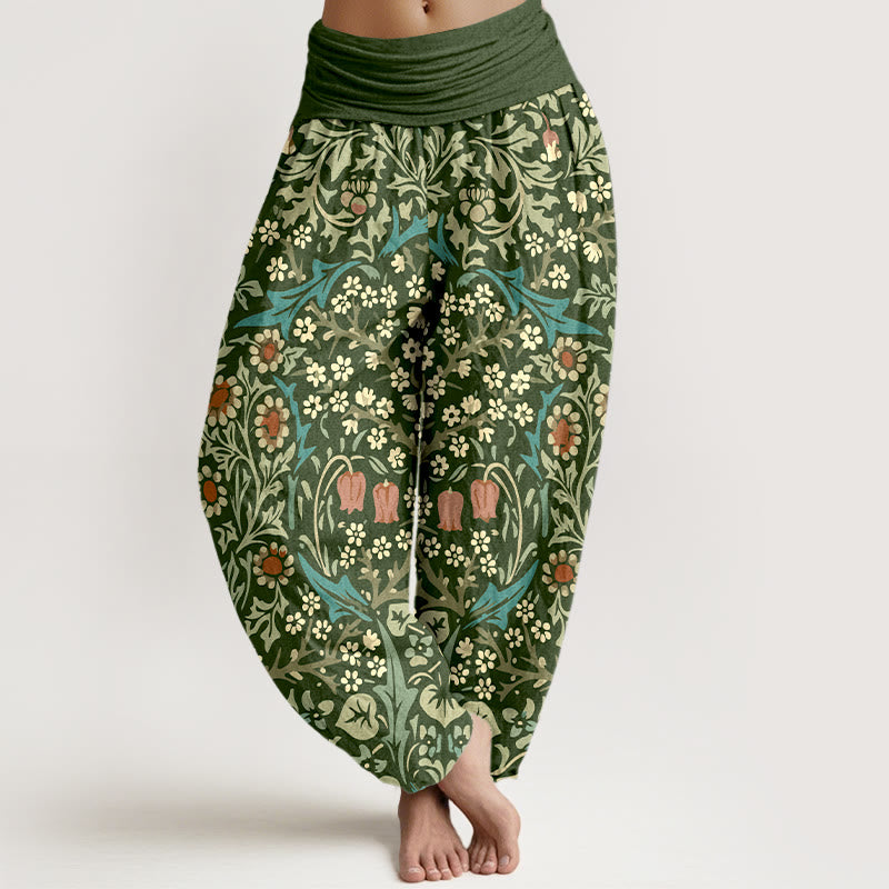 Buddha Stones Pure Cotton Retro Flowers Leaves Pattern Women's Elastic Waist Harem Pants - DarkOliveGreen - US16，UK/AU20，EU48 (3XL) - image 0
