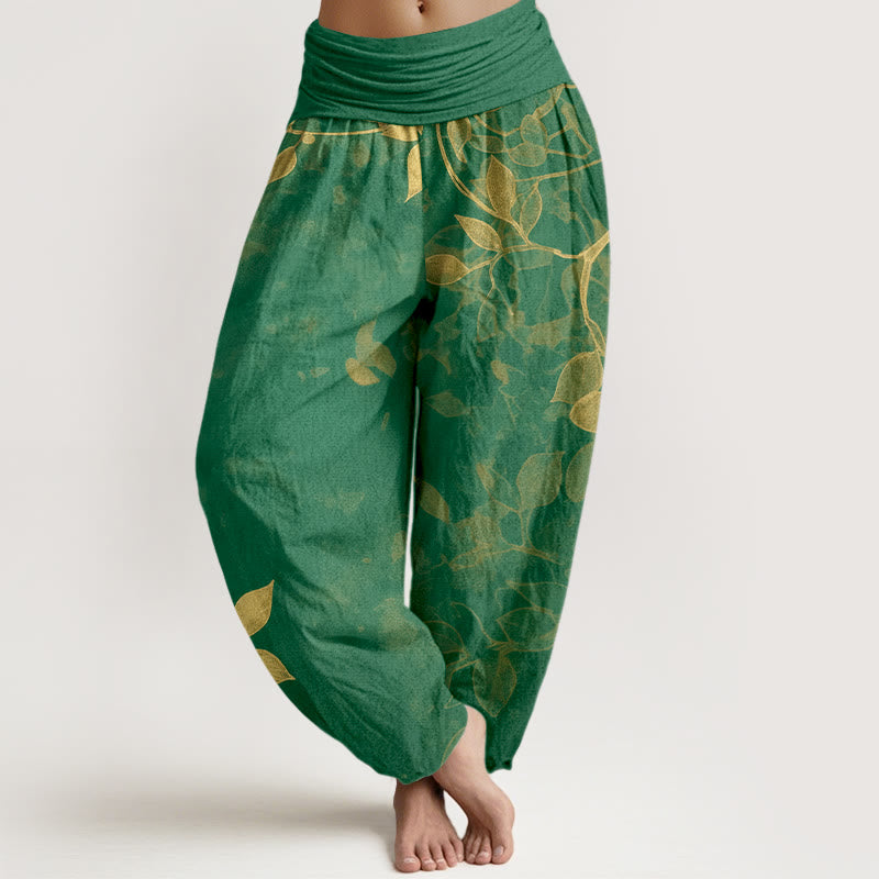 Buddha Stones Pure Cotton Softly Colored Leaves Pattern Women's Elastic Waist Harem Pants - Green - US16，UK/AU20，EU48 (3XL) - image 0