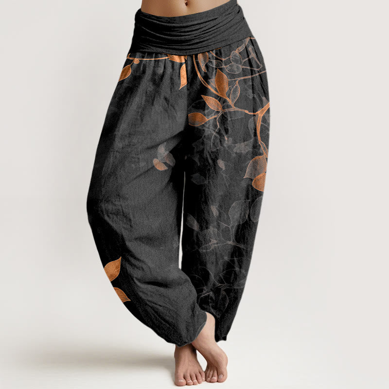 Buddha Stones Pure Cotton Softly Colored Leaves Pattern Women's Elastic Waist Harem Pants - Black - US16，UK/AU20，EU48 (3XL) - image 5