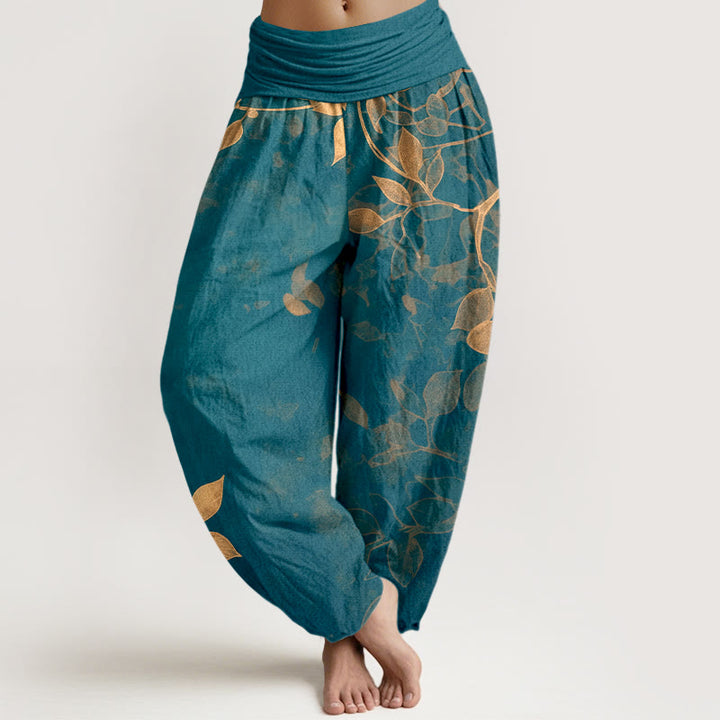 Buddha Stones Pure Cotton Softly Colored Leaves Pattern Women's Elastic Waist Harem Pants - Teal - US16，UK/AU20，EU48 (3XL) - image 8