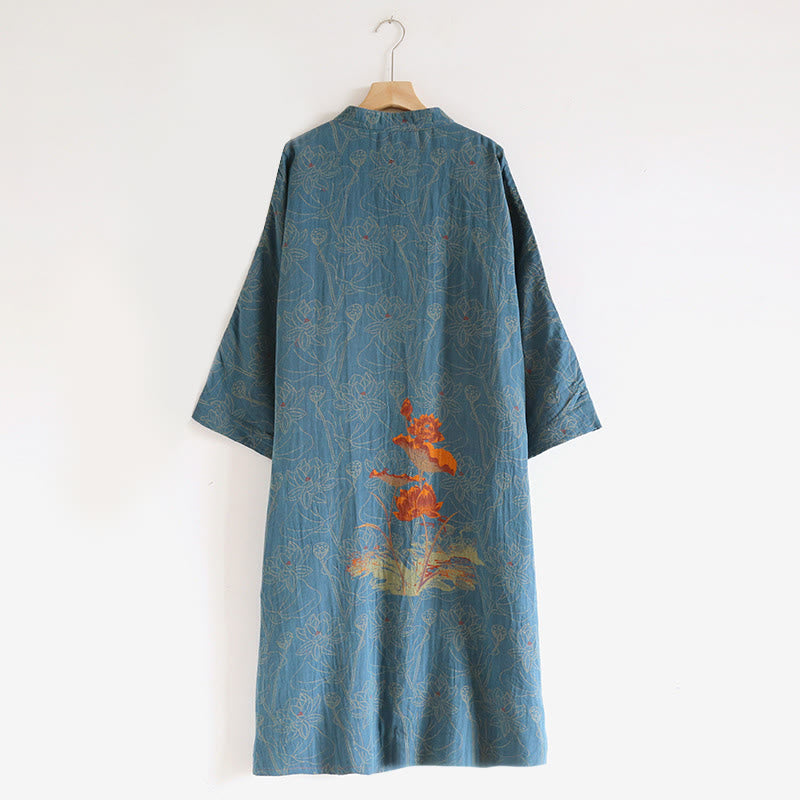 Buddha Stones Jacquard Flowers Pattern Frog-Button Stand Collar Long Sleeve Cotton Midi Dress - image 1