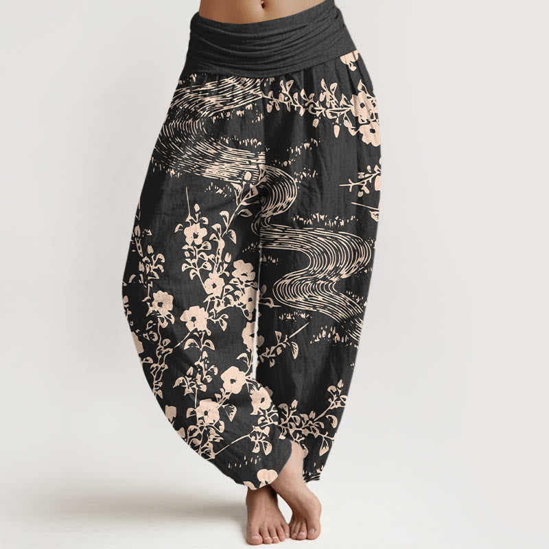Buddha Stones Pure Cotton Simple Flowers Stream Pattern Women's Elastic Waist Harem Pants - Black - US16，UK/AU20，EU48 (3XL) - image 5