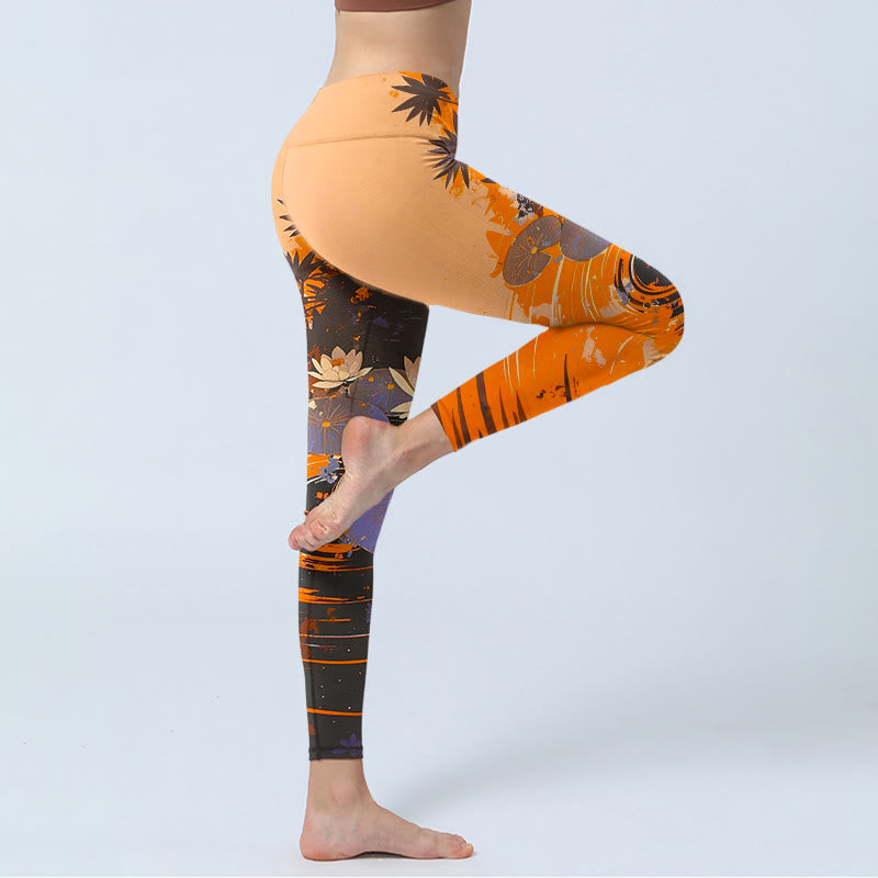 Buddha Stones Lotus Flowers Leaves Water Ripples Pattern Print Gym Leggings Women's Yoga Pants - image 4