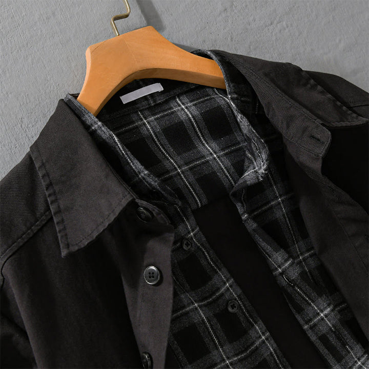 Buddha Stones Spring Plaid Pattern Fake Two-piece Long Sleeve Men's Cotton Jacket With Pocket - image 1