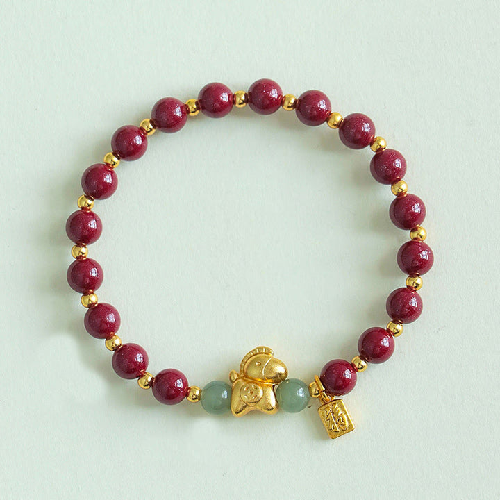 Buddha Stones Chinese Zodiac Year of the Horse Fu Character Cinnabar Hetian Jade Blessing Bracelet - Cinnabar(Wrist Circumference: 14-17cm) - image 1