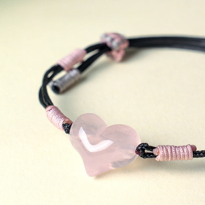 Buddha Stones Natural Heart Charm Pink Crystal Braided String Warmth Bracelet - image 8