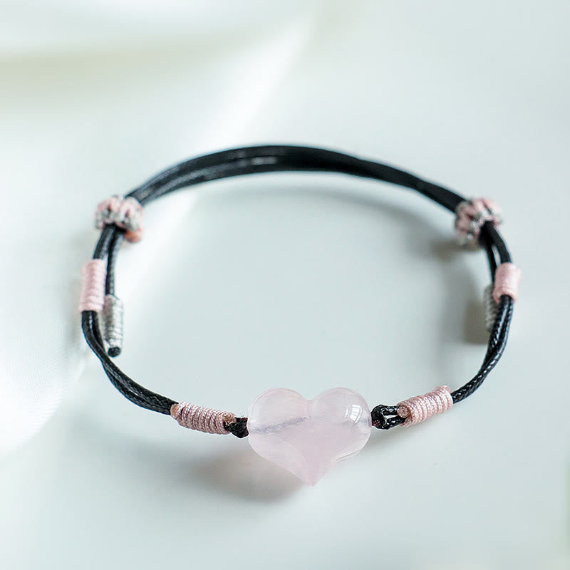 Buddha Stones Natural Heart Charm Pink Crystal Braided String Warmth Bracelet - image 7