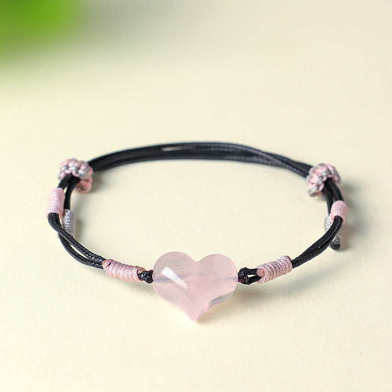 Buddha Stones Natural Heart Charm Pink Crystal Braided String Warmth Bracelet - image 1