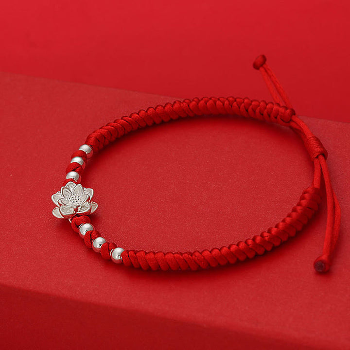 Buddha Stones 999 Sterling Silver Lotus Symbol 990 Sterling Silver Bead Red String Luck Bracelet - image 5