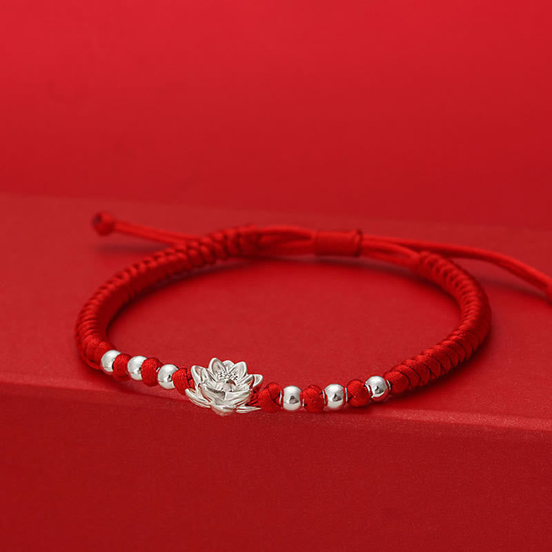 Buddha Stones 999 Sterling Silver Lotus Symbol 990 Sterling Silver Bead Red String Luck Bracelet - image 1