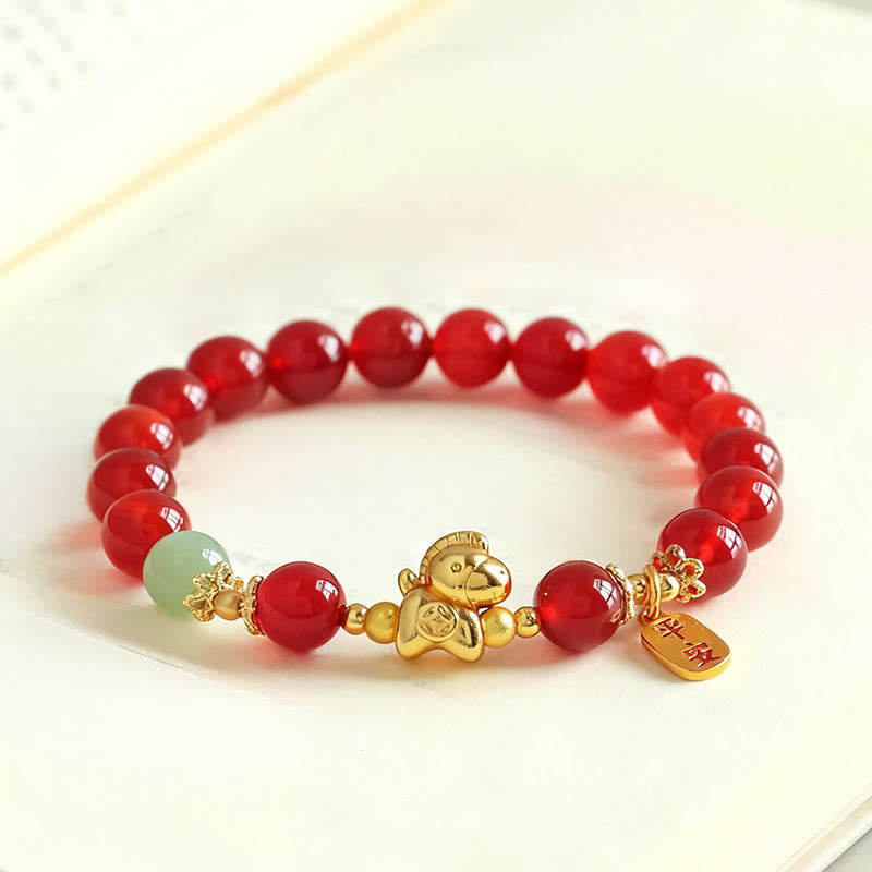 Buddha Stones Year Of The Horse Hetian Jade Black Obsidian Red Agate Strength Bracelet - Red Agate(Wrist Circumference:14-15cm) - image 7