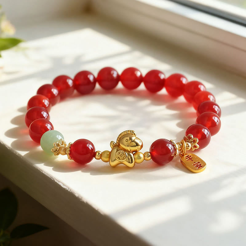 Buddha Stones Year Of The Horse Hetian Jade Black Obsidian Red Agate Strength Bracelet - image 9